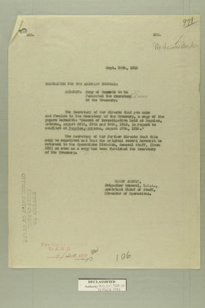 Memo from Henry Jervey re: Copy of Records to be Furnished the Secretary of the Treasury, September 30, 1918 Memo from Henry Jervey re: Copy of Records to be Furnished the Secretary of the Treasury, September 30, 1918