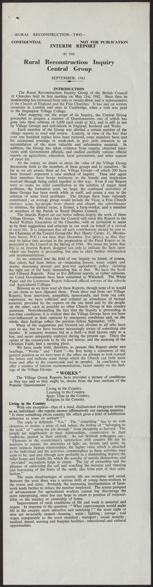 Confidential Interim Report by the Rural Reconstruction Inquiry Central Group, September, 1943 Confidential Interim Report by the Rural Reconstruction Inquiry Central Group, September, 1943