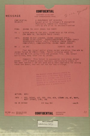 Confidential Message from USARMA Tel Aviv Israel, SGD Query, to DEPTAR Wash DC for ACSI et al, August 22, 1956 Confidential Message from USARMA Tel Aviv Israel, SGD Query, to DEPTAR Wash DC for ACSI et al, August 22, 1956