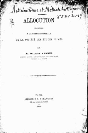 Allocution Prononcée à l'Assemblée Générale de la Société des Études Juives Allocution Prononcée à l'Assemblée Générale de la Société des Études Juives