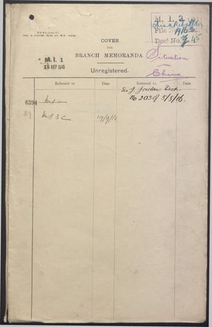 Branch Memoranda re: Situation in China, 1916 Branch Memoranda re: Situation in China, 1916