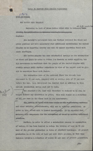 Cable to British Food Mission, Washington, for Maurice I. Hutton from Herbert Broadley - Typed and Handwritten, April 25, 1946 Cable to British Food Mission, Washington, for Maurice I. Hutton from Herbert Broadley - Typed and Handwritten, April 25, 1946