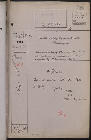 Correspondence Cover Sheet re: Nicaraguan Turtle Fishery Agreement, April 28, 1916 Correspondence Cover Sheet re: Nicaraguan Turtle Fishery Agreement, April 28, 1916