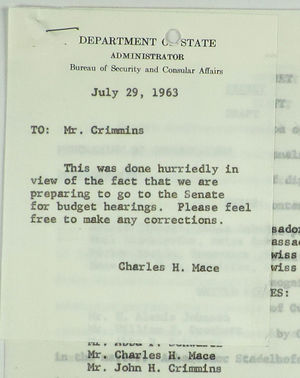 Letter from Charles H. Mace to John Crimmins, with Attached Memo of Conversation, July 29, 1963 Letter from Charles H. Mace to John Crimmins, with Attached Memo of Conversation, July 29, 1963