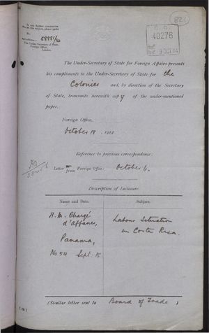 Correspondence re: Labour Situation in Costa Rica, September 3-October 18, 1914 Correspondence re: Labour Situation in Costa Rica, September 3-October 18, 1914