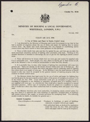 Circular Letter from P. D. Coates, Ministry of Housing and Local Government, re: Clean Air Act, 1956 -- Use of Sticks and Paper in Smoke Control Areas, Model Question and Answer Booklet, Clean Air Advisory Service. Printed by Her Majesty's Stationery Office Circular Letter from P. D. Coates, Ministry of Housing and Local Government, re: Clean Air Act, 1956 -- Use of Sticks and Paper in Smoke Control Areas, Model Question and Answer Booklet, Clean Air Advisory Service. Printed by Her Majesty's Stationery Office