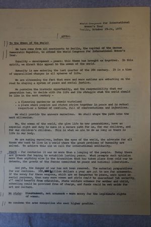 Appeal, 24 October 1975, World Congress for International Women's Year, Berlin, October 20-24, 1975, by Women's International League for Peace and Freedom Appeal, 24 October 1975, World Congress for International Women's Year, Berlin, October 20-24, 1975, by Women's International League for Peace and Freedom