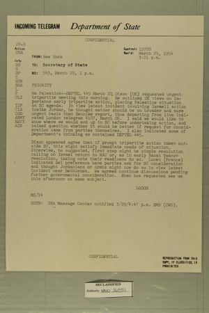 Telegram from Henry Cabot Lodge, Jr. in New York to Secretary of State, March 29, 1954 Telegram from Henry Cabot Lodge, Jr. in New York to Secretary of State, March 29, 1954