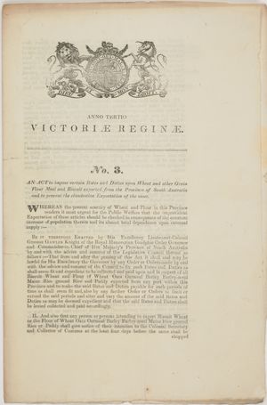Anno Tertio Victoriae Reginae: No. 3: An Act to impose certain Rates and Duties upon Wheat and other Grain Flour Meal and Biscuit exported from the Province of South Australia and to prevent the clandestine Exportation of the same Anno Tertio Victoriae Reginae: No. 3: An Act to impose certain Rates and Duties upon Wheat and other Grain Flour Meal and Biscuit exported from the Province of South Australia and to prevent the clandestine Exportation of the same