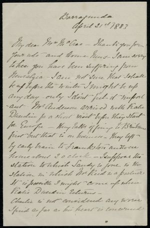 Letter from Edith Anderson to Georgiana McCrae, April 21, 1883 Letter from Edith Anderson to Georgiana McCrae, April 21, 1883
